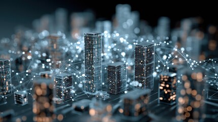 Obraz premium Abstract digital city with illuminated buildings and connected network