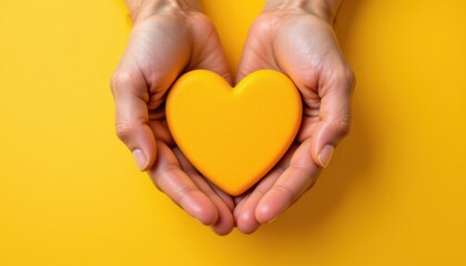 Hands holding a yellow resin heart against a matching yellow background
