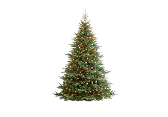 Pre-lit Christmas tree featuring warm white lights and gold ball ornaments distributed evenly, isolated on a transparent background
