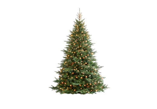 Pre-lit Christmas tree featuring warm white lights and gold ball ornaments distributed evenly, isolated on a transparent background