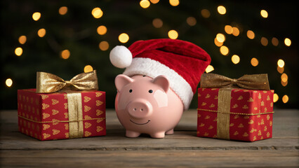 Smart holiday shopping budget christmas new year piggy bank wearing santa hat on wooden table with wrapped gift boxes and warm bokeh lights creating cheerful festive saving scene