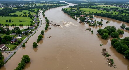 Aerial view reveals a flooded area with houses, roads, and a wide river after a major storm