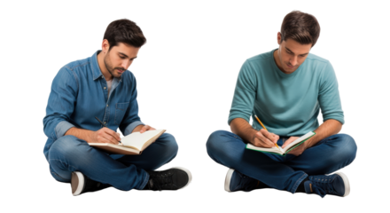 Two Men Sitting Cross Legged Writing Notes In Open Notebooks isolated On A transparent Background