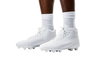 White high-top football cleats with molded studs worn with white athletic socks, isolated on a transparent background
