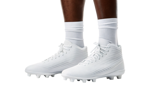 White high-top football cleats with molded studs worn with white athletic socks, isolated on a transparent background
