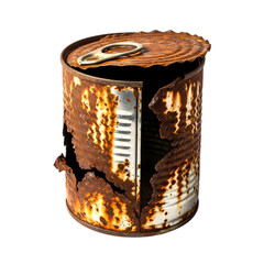 Severely rusted and damaged tin can with open lid