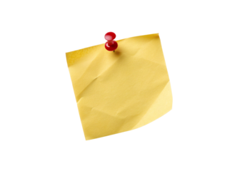 Yellow sticky note with red pushpin casting shadow on blank surface, isolated on a transparent background