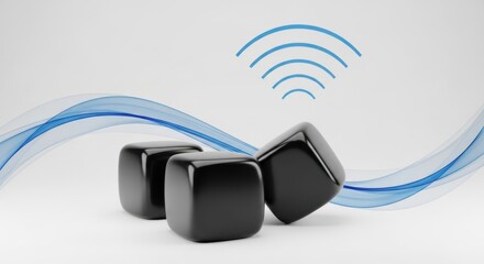Three black cubes with a wifi symbol and blue waves on a white background