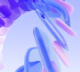 Abstract geometric 3d background with dynamic wave curve ribbon of glass and plastic square plate shapes in purple pink blue gradient colors, layer effect. Futuristic technology. 3D illustration