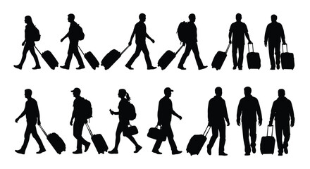 Fototapeta premium Silhouette people traveling with luggage vector stock illustration