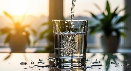 Clean water access glass being filled on table with sunlight plant in background joyful morning