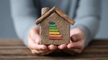 Hands holding a wooden miniature house with an energy efficiency rating chart