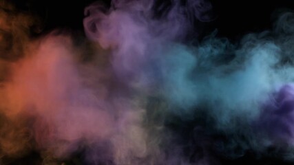 Colorful clouds of orange, purple, and blue smoke swirling and mixing against a solid black background. - Powered by Adobe