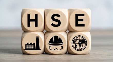 HSE global health policy concept with industrial safety helmet goggles and globe icon promoting workplace protection and preventive measures for employee well being