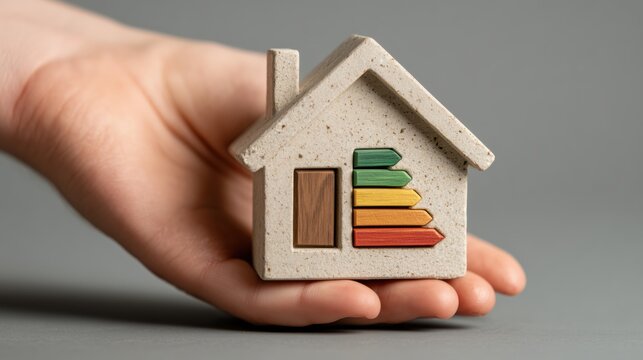 Hand holding a house model with a colored energy efficiency performance chart - Powered by Adobe
