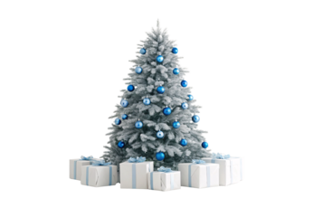 Snowy Christmas tree decorated with blue baubles, white-dusted evergreen branches, gift boxes with pale blue ribbons, isolated on a transparent background