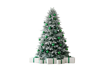 Flocked Christmas tree featuring green ornaments, snow-covered branches, white gift boxes with emerald ribbons arranged below, isolated on a transparent background