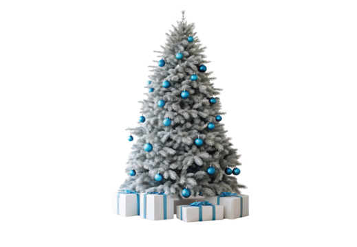 Frosted Christmas tree with blue ornaments and lights, silver-white branches, wrapped presents beneath on snowy base, isolated on a transparent background