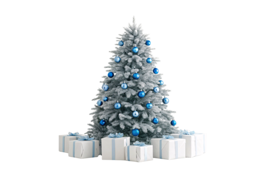 Snowy Christmas tree decorated with blue baubles, white-dusted evergreen branches, gift boxes with pale blue ribbons, isolated on a transparent background