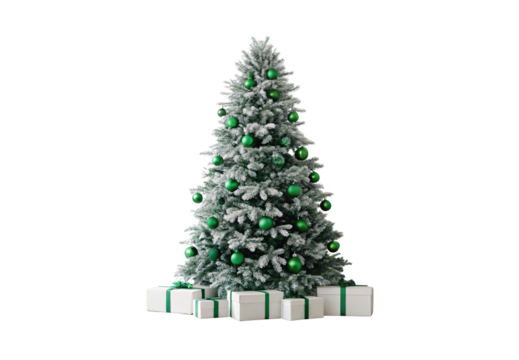 Flocked Christmas tree featuring green ornaments, snow-covered branches, white gift boxes with emerald ribbons arranged below, isolated on a transparent background