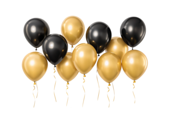 Gold and black balloons floating together, isolated on a transparent background