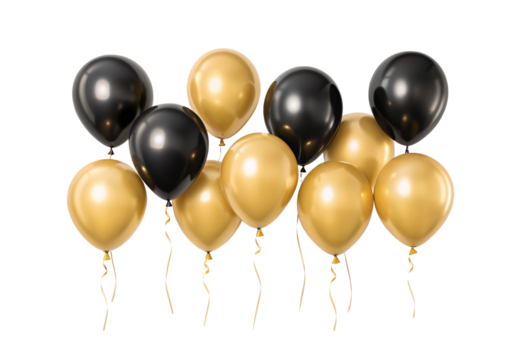 Gold and black balloons floating together, isolated on a transparent background