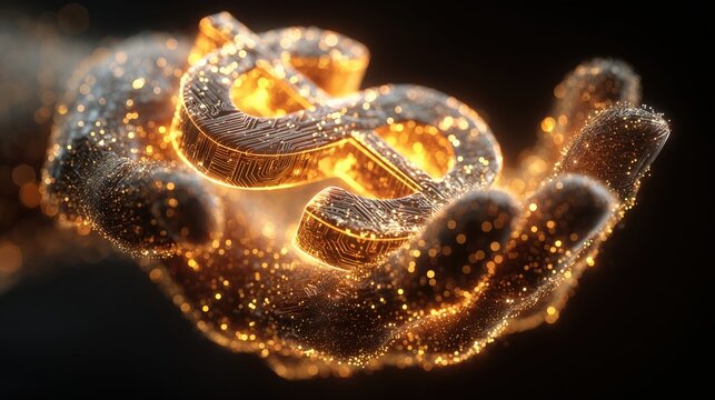 Digital dollar sign with glowing circuit pattern held in a shimmering hand
