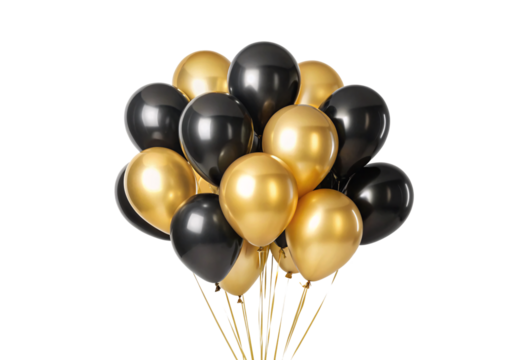 Cluster of gold and black balloons bunched together, isolated on a transparent background