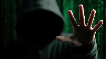 Hacker in a dark hood extends a hand in a stop gesture against a digital matrix background