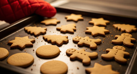Gingerbread cookies tray christmas new year holiday baking warm oven smiling cookie shapes family celebration cozy kitchen aroma