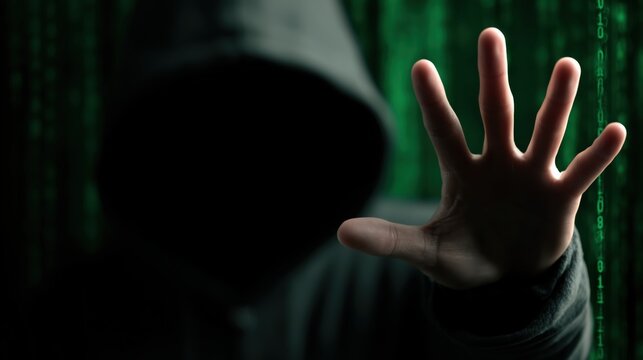 Hacker in a dark hood extends a hand in a stop gesture against a digital matrix background