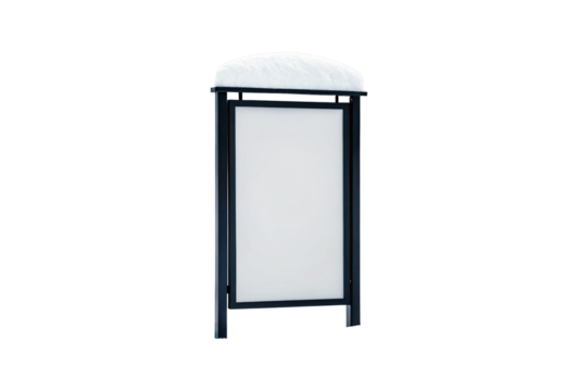 Snow-covered black bus stop shelter standing empty, isolated on a transparent background