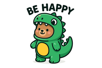Cute cartoon bear wearing a dinosaur onesie with a cheerful message in a playful design