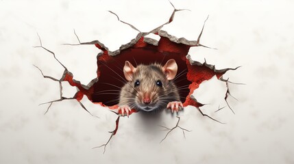 Fototapeta premium Curious rat emerging from a cracked wall hole.