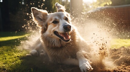 Happy dog playing in the sunlight with dirt.