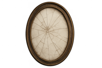 Broken oval mirror with an antique wooden frame showing shattered glass, symbolizing bad luck and misfortune, transparent background