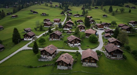 Aerial view showcases a charming European village nestled in a lush, green valley, surrounded by hills