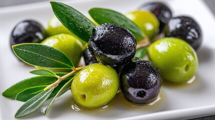 Obraz premium Fresh Green and Black Olives with Leaves on White Plate