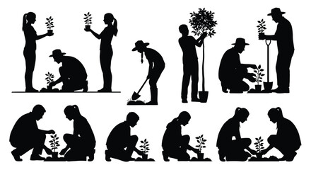 Planting trees silhouette vector art for environmental awareness