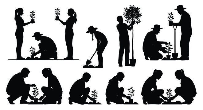 Planting trees silhouette vector art for environmental awareness