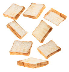 dynamic photograph of multiple slices of golden toasted white bread flying and floating isolated on a pure transparent background.