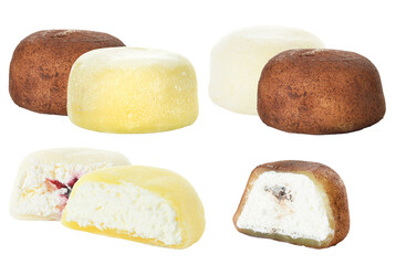 collection of six assorted japanese mochi ice cream balls featuring creamy fillings, displayed whole and sliced, isolated on a transparent background.