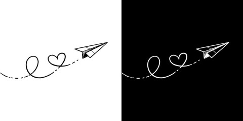 Paper airplane flying with hearts, concept of mental health, isolated vector image, two design options on transparent and black background, pencil drawing, chalk drawing
  