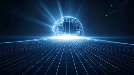 Futuristic digital globe with grid lines and bright light. - Powered by Adobe