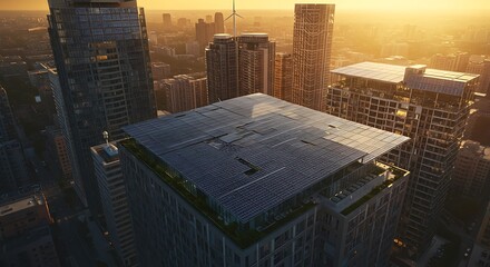 Aerial view showcases a cityscape with solar panels atop buildings. Golden hour light bathes the scene