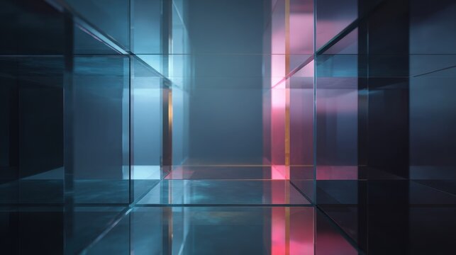 Futuristic Glass Tunnel with Neon Pink and Blue Geometric Lighting