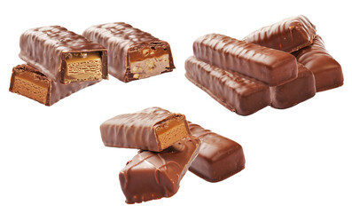 assortment of classic rich milk chocolate coated snack bars, stacked and displayed on a transparent background, perfect for sweet cravings