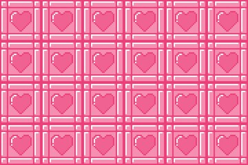 A pixelated, seamless pattern of pink hearts centered within a lighter pink grid or plaid texture. This 8-bit love design uses multiple shades of pink for a sweet, romantic, and retro aesthetic.