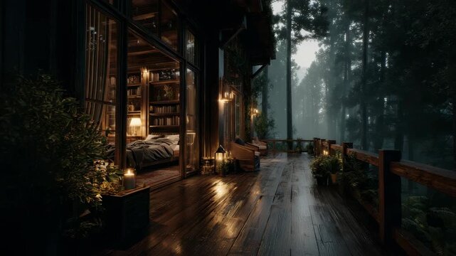 Cozy cabin retreat with wooden deck in misty forest setting at dusk