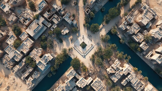 Aerial Top-Down View of a Futuristic Desert City with Canals